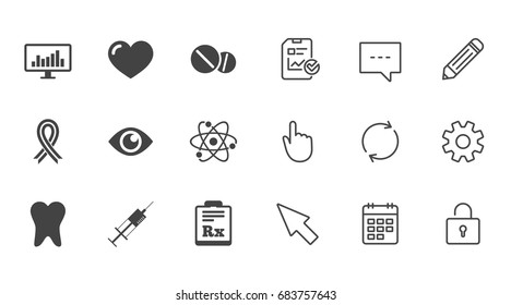 Medicine, medical health and diagnosis icons. Syringe injection, heart and pills signs. Tooth, awareness ribbon symbols. Chat, Report and Calendar line signs. Service, Pencil and Locker icons. Vector