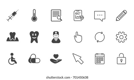 Medicine, medical health and diagnosis icons. Capsules, syringe and doctor signs. Tooth parodontosis, disabled person symbols. Chat, Report and Calendar line signs. Service, Pencil and Locker icons