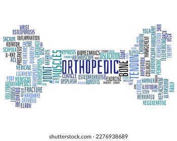 Medicine and medical science concept. Typography design text block. Composition of words for orthopedic sciences relevancy. Word cloud white background. Bone shape created from the text.