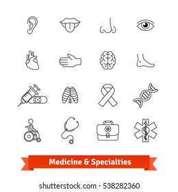 Medicine & medical specialties. Thin line art icons set. Human organs, diagnostic equipment, ambulance. Linear style symbols isolated on white.