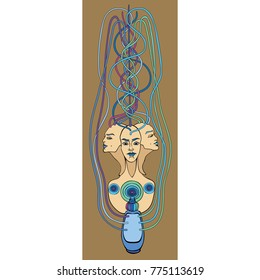Medicine. mental disorders. Brain. Psychology. Mind structure. Fancy nifty faces. Three bald woman. Face and mind metaphor. Healthcare. Psychotherapy. Social connection 