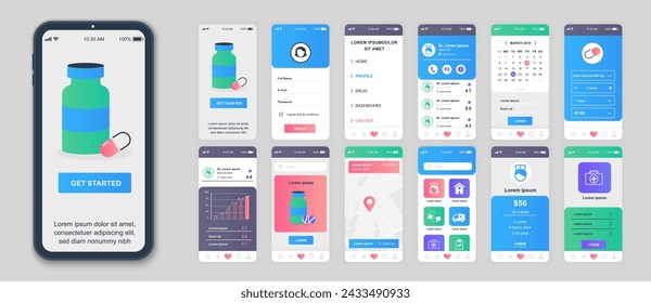 Medicine mobile app screens set for web templates. Pack of patient profile, online pharmacy orders, doctor treatments, account menu. UI, UX, GUI user interface kit for cellphone layouts. Vector design