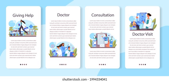 Juego de banners para aplicaciones móviles de Medicine. Especialista en salud, tratamiento de medicina moderna, experiencia y diagnóstico. Consulta médica y recuperación del paciente. Ilustración vectorial plana