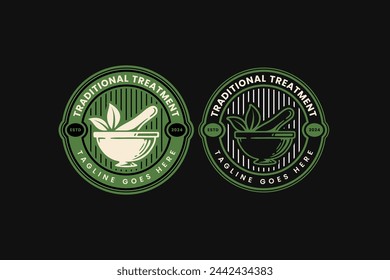 medicine mortar pounder badge logo design for cigarette and medical company business brand identity