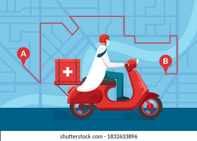 Medicine motorbike delivery pharmacy. Male doctor in helmet riding retro scooter with medical surgical sanitary box first aid on city street map plan with navigation route. Vector flat illustration