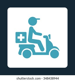 Medicine Motorbike Delivery vector icon. Style is flat rounded square button, blue and white colors, dark blue background.