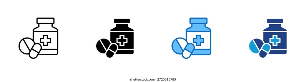 Vector de diseño de íconos de estilo múltiple de medicina: botella con píldoras que simbolizan la atención médica, la medicación y el tratamiento farmacéutico