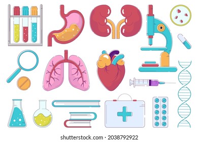 Medicine object, isolated on white set, vector illustration, health symbol with lungs, heart, stomach organs and clinic medical tube, syringe.