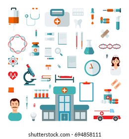 Medicine Objects and Medicament Collection. Medical flat vector background,health care,first aid.International health protection,insurance.