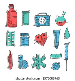 Medicine objects vector concept in doodle style. Hand drawn illustration for printing on T-shirts, postcards. Icon and logo idea.