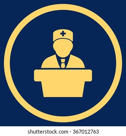 Medicine Official vector icon. Style is flat circled symbol, yellow color, rounded angles, blue background.