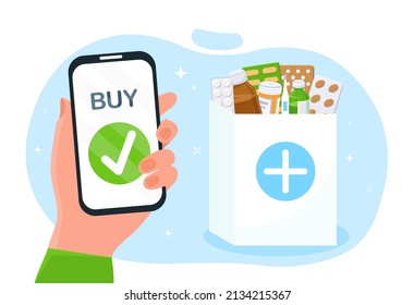 Medicine online concept. Hand with smartphone next to drug bags. Care products, immunity strengthening and disease control methods. Shopping and website on internet. Cartoon flat vector illustration