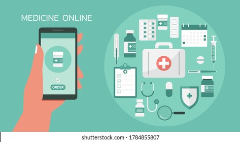 medicine online concept, human hand holding phone with drug bottle on screen and medical stuff on background, flat vector illustration