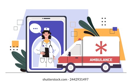 Medicine online concept. Woman in medical uniform with sthetoscope near first aid automobile. Health care worker and treatment. Cartoon flat vector illustration isolated on white background
