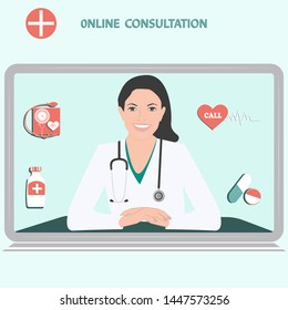 Medicine online consultation. Computer - on-screen doctor, smiling woman, tonometer and medicine - light background - vector.