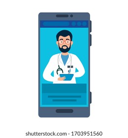 medicine online with doctor male in smartphone vector illustration design