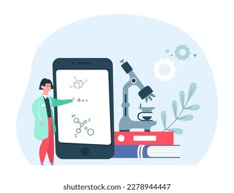 Medicine online education concept. Cartoon female scientist in uniform standing near big smartphone with formulas and microscope. Chemistry research, laboratory analysis or education vector