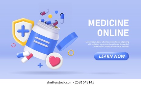 Medicine online poster. Healthcare and medicine. Plastic bottle with pills. Pharmacy on internet. Jar with vitamins. Landing webpage design. Isometric vector illustration
