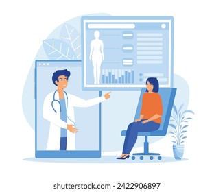 Servicio o plataforma online de medicina. Especialista en salud, tratamiento de medicina moderna, experiencia y diagnóstico.  ilustración moderna de vector plano 