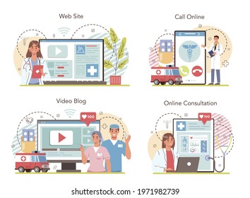 Medicine online service or platform set. Medical specialist. Modern medicine treatment, expertize and diagnostic. Online consultation, house call, video blog, website. Flat vector illustration