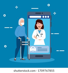 medicine online technology with smartphone and women vector illustration design