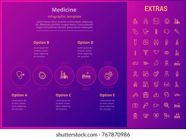 Medicine options infographic template, elements and icons. Infograph includes line icon set with medical stethoscope, disabled person, hospital doctor, first aid kit, healthcare professionals etc.
