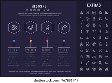 Medicine options infographic template, elements and icons. Infograph includes line icon set with medical stethoscope, disabled person, hospital doctor, first aid kit, healthcare professionals etc.