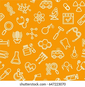 Medicine, orange background, seamless, contour icons, vector. White, line drawings, medical services and instruments on the orange box. Vector background. 