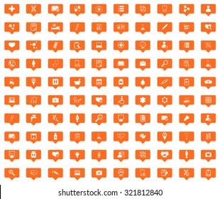 Medicine orange message icons set, images in filled chat bubbles on white background