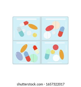 Medicine organizer for pills and capsules concept. Daily medical container for health. Vector illustration isolated on white background.