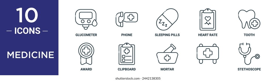 medicine outline icon set includes thin line glucometer, phone, sleeping pills, heart rate, tooth, award, clipboard icons for report, presentation, diagram, web design