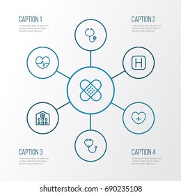 Medicine Outline Icons Set. Collection Of Stethoscope, Building, Plaster And Other Elements. Also Includes Symbols Such As Tool, Medicine, Building.