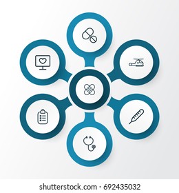 Medicine Outline Icons Set. Collection Of Tablets, Hear, Monitor And Other Elements. Also Includes Symbols Such As Receipt, Thermometer, Tablets.