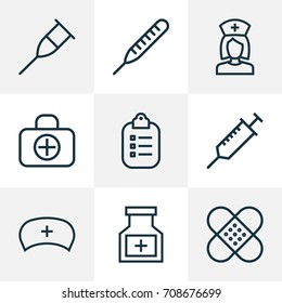 Medicine Outline Icons Set. Collection Of Medicine, Medical Hat, Plaster And Other Elements. Also Includes Symbols Such As Pill, Spike, Bandage.