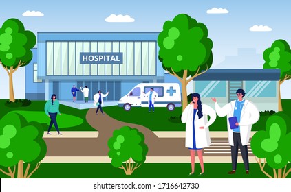 Medicine outside space concept, vector illustration. Professional doctors relax at street, plant design. Hospital building and ambulance car in yard, patient come health care and treatment.