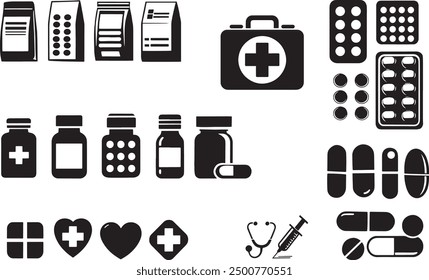 Medicine pack Vector Art Bundle set: Collection of Medicine pack Outlines Icons Illustrations on White Background  EPS 10