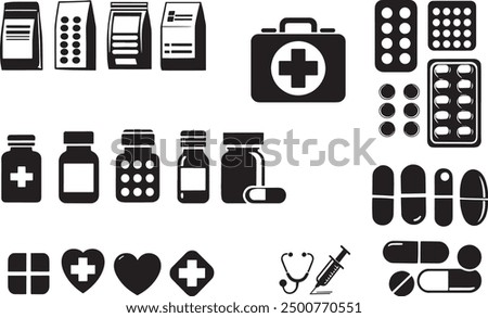 Medicine pack Vector Art Bundle set: Collection of Medicine pack Outlines Icons Illustrations on White Background  EPS 10
