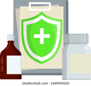 Medicine in package and bottle. Prescription and diagnosis. Treating illness. Medical symbol. Drug and pills. Paper file folder. Cartoon flat illustration. Green shield of protection from diseases.