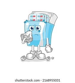 the medicine package cry with a tissue. cartoon mascot vector