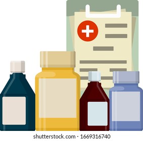 Medicine packaging set. Bottle with pills and drug. Disease prevention. Health and pharmacy. Diagnosis and paper document file on tablet. Cartoon flat illustration