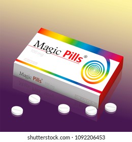 Medicine packet named MAGIC PILLS, a medical panacea product to promise miracle cure, assured health or other wonders concerning healing issues.