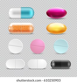 Medicine painkiller pills, pharmaceutical antibiotics drugs vector. Set of color pills, illustration of antibiotic and vitamin pill