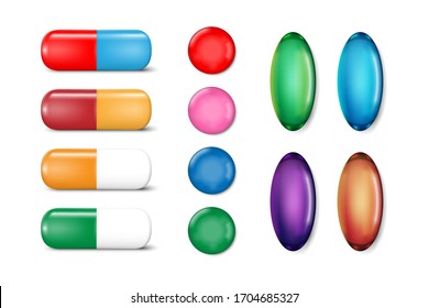 Medicine painkiller pills template. Set of color pill. Antibiotic drugs and vitamin tablet Mockup. Vector illustration