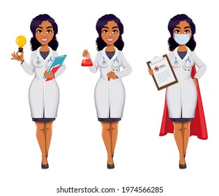 Medicine and pandemic concept. African American female doctor wearing white coat with stethoscope. African woman doctor, set of three poses. Stock vector illustration isolated on white background