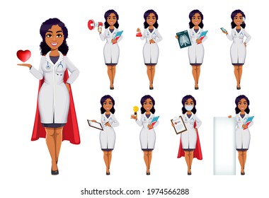 Medicine and pandemic concept. African American female doctor wearing white coat with stethoscope. African woman doctor, set of nine poses. Stock vector