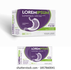 Medicine Paper Packaging Box, Stomach Ache, Stomach Remedy Medicine, 3D Mockup Isolated On A White Background. Modern Packaging Design