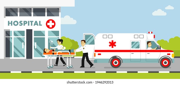 Medicine paramedics ambulance concept with emergency rescue team and injured patient in flat style. Young doctors paramedics, ambulance car and injury patient on stretcher. First aid vector