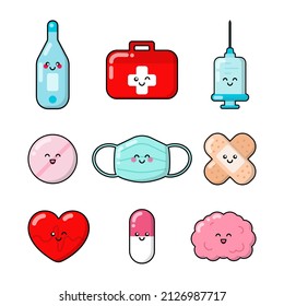 Medicine patches, badges, stickers, logos. Set of cute funny cartoon characters icons in asian japanese kawaii. Vector medical doodles of mask, heart, brain, thermometer, syringe, first aid kit, pill.