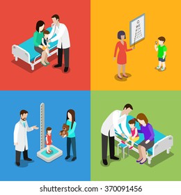 Medicine Pediatrician Pediatrics Kid Children Baby Doctor Health Care Hospital Nursing Set. Flat 3d Isometric Medical Concept Web Vector Illustration. Checkup Oculist Height Measure Traumatology.