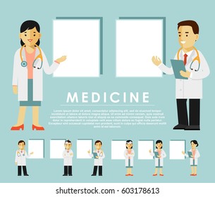 Medicine people character set with blank banners in flat style isolated on white background. Practitioner young doctor man and woman in different poses with placards for your message. Medical staff. 